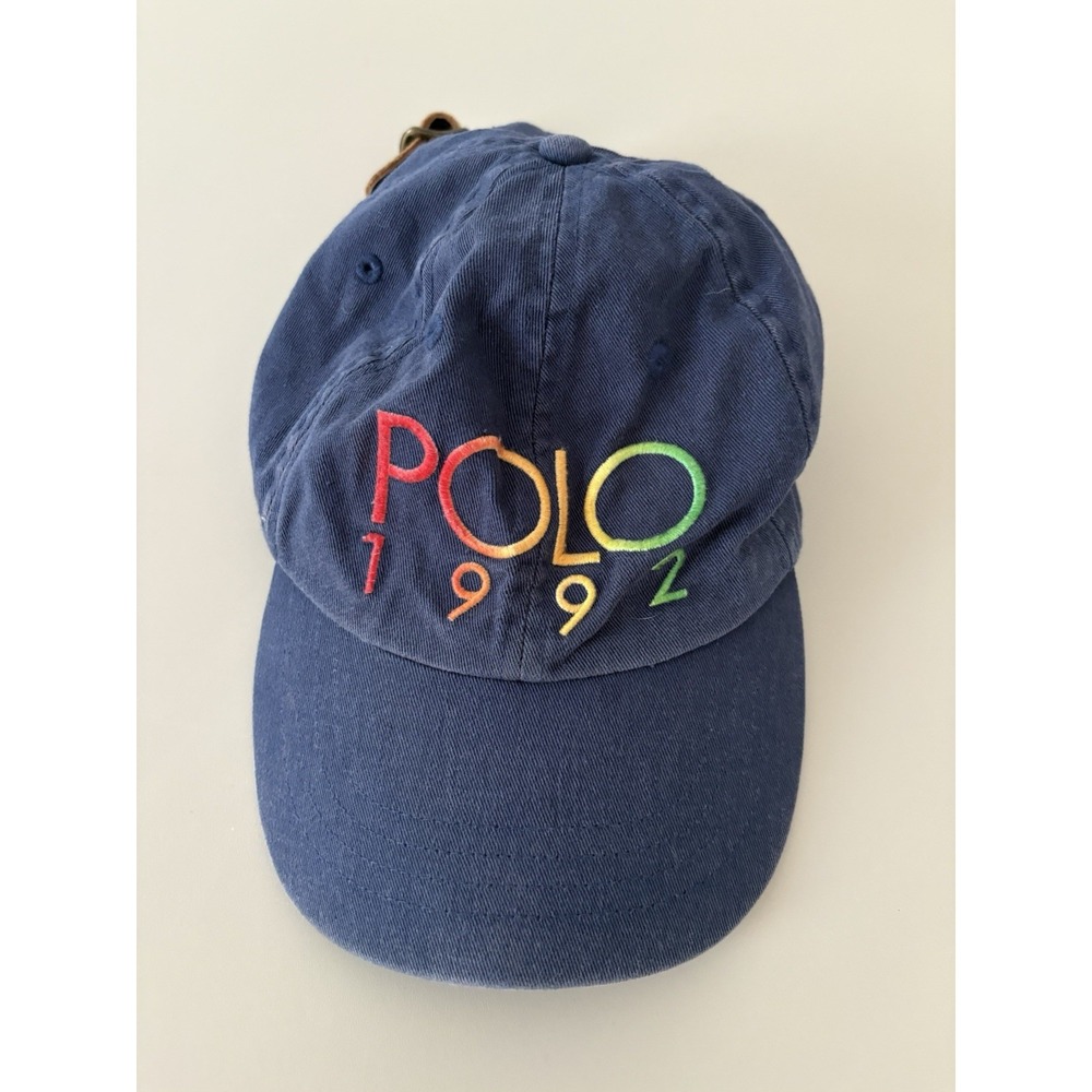 VTG Polo Ralph Lauren 1992 Rainbow Stadium Chino Ball Cap Navy Leather Strapback